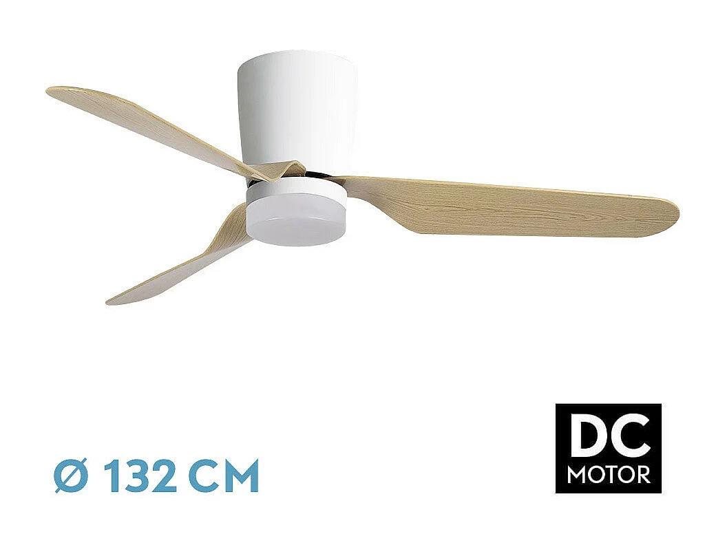 Ventilador LED blanco/haya, 6 vel., con mando, memoria y temporizador