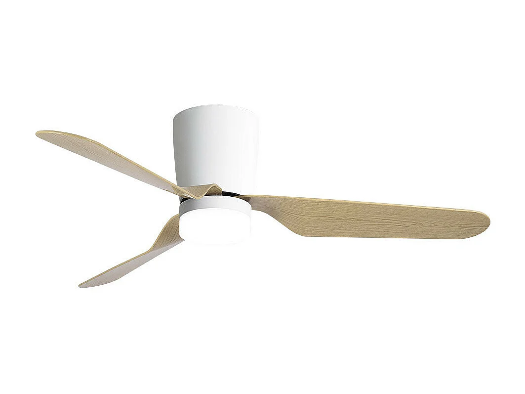 Ventilador LED blanco/haya, 6 vel., con mando, memoria y temporizador