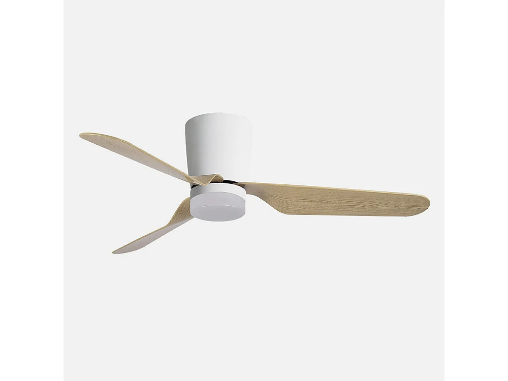 Ventilador LED blanco/haya, 6 vel., con mando, memoria y temporizador