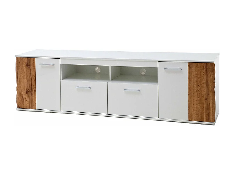 Meuble TV coloris blanc brillant et chêne wotan - Longueur 203 x Hauteur 59 x Profondeur 44 cm