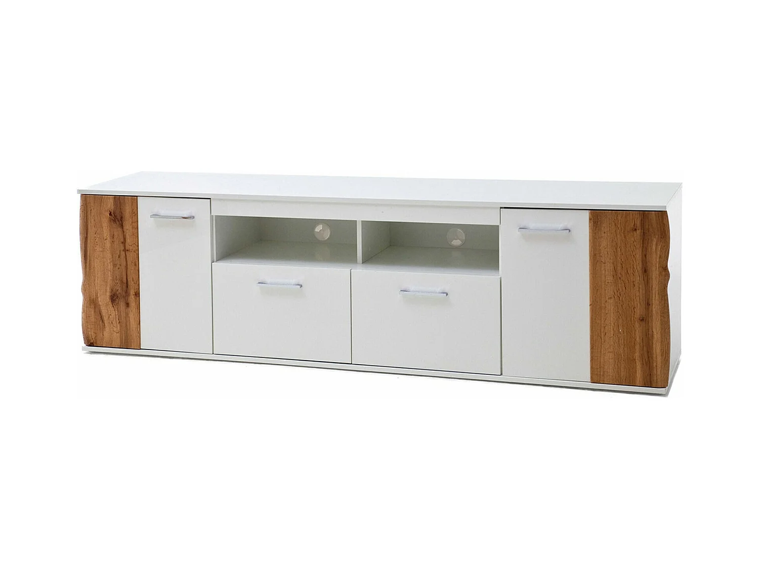 Meuble TV coloris blanc brillant et chêne wotan - Longueur 203 x Hauteur 59 x Profondeur 44 cm