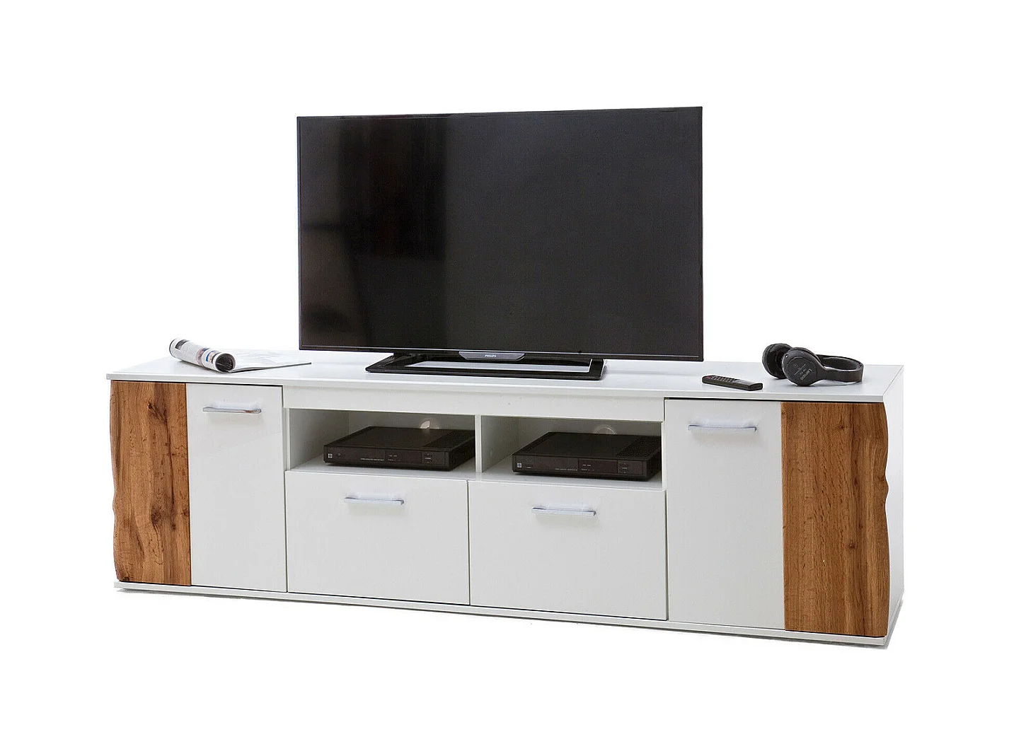 Meuble TV coloris blanc brillant et chêne wotan - Longueur 203 x Hauteur 59 x Profondeur 44 cm