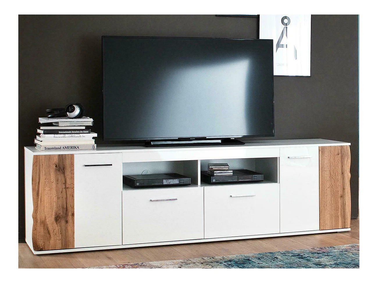 Meuble TV coloris blanc brillant et chêne wotan - Longueur 203 x Hauteur 59 x Profondeur 44 cm