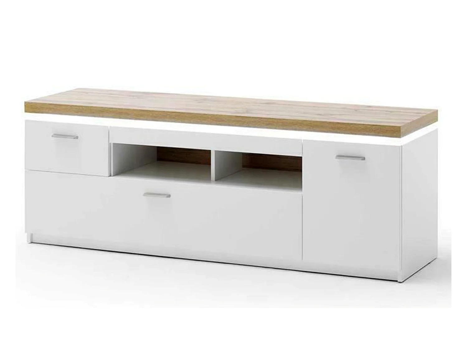 Meuble TV coloris blanc et chêne wotan - Longueur 156 x Hauteur 57 x Profondeur 44 cm