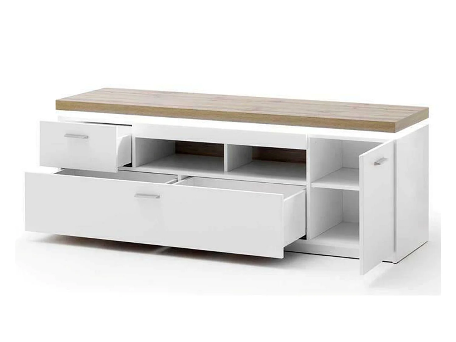 Meuble TV coloris blanc et chêne wotan - Longueur 156 x Hauteur 57 x Profondeur 44 cm