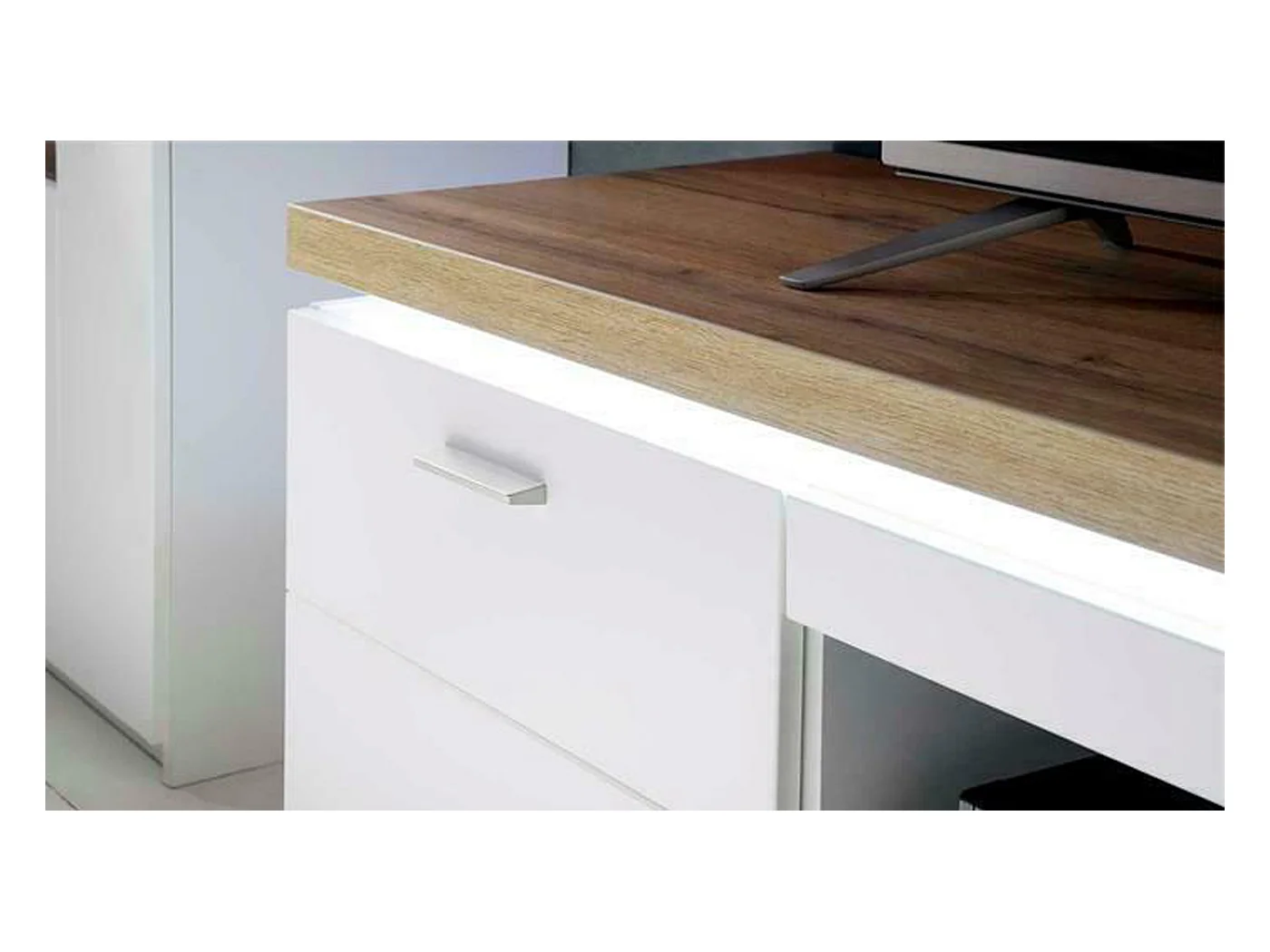 Meuble TV coloris blanc et chêne wotan - Longueur 156 x Hauteur 57 x Profondeur 44 cm