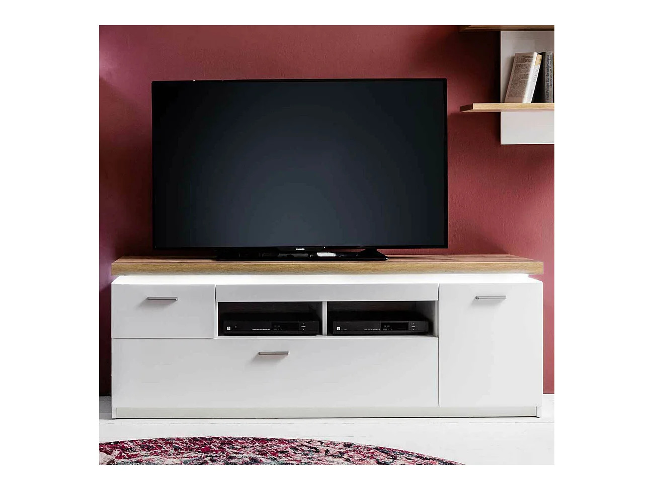 Meuble TV coloris blanc et chêne wotan - Longueur 156 x Hauteur 57 x Profondeur 44 cm