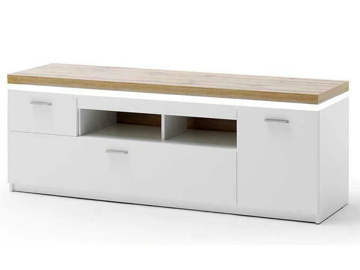 Meuble TV coloris blanc et chêne wotan - Longueur 156 x Hauteur 57 x Profondeur 44 cm