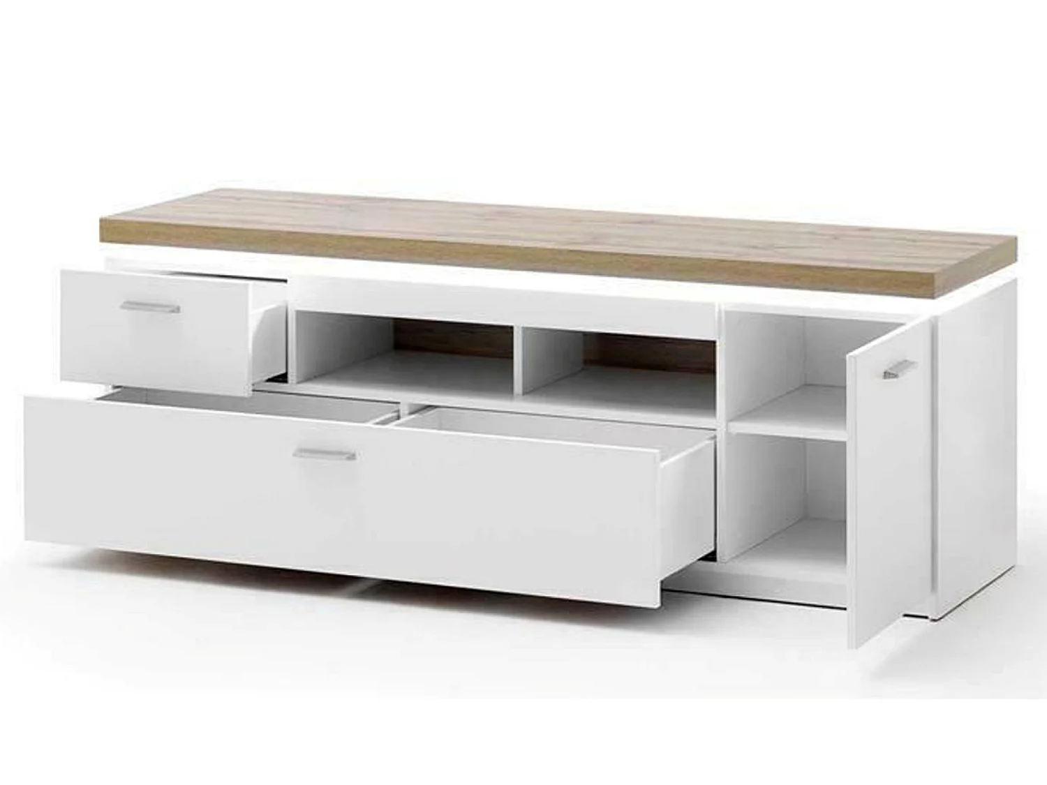 Meuble TV coloris blanc et chêne wotan - Longueur 156 x Hauteur 57 x Profondeur 44 cm