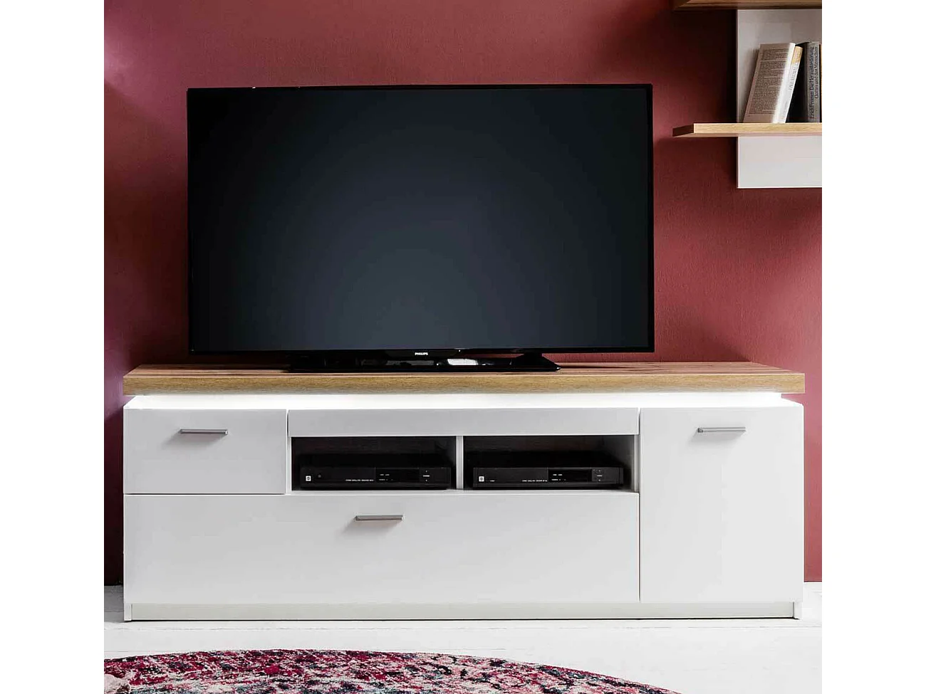 Meuble TV coloris blanc et chêne wotan - Longueur 156 x Hauteur 57 x Profondeur 44 cm