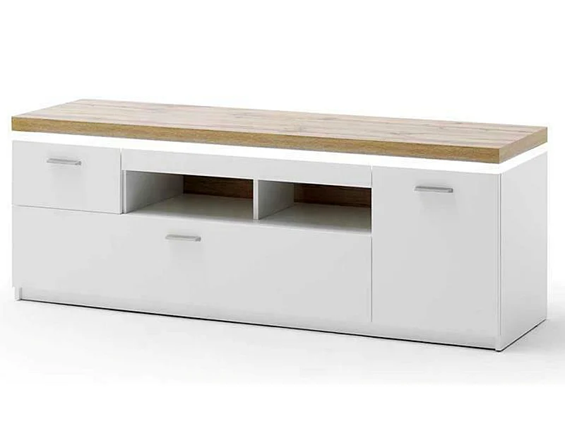 Meuble TV coloris blanc et chêne wotan - Longueur 156 x Hauteur 57 x Profondeur 44 cm