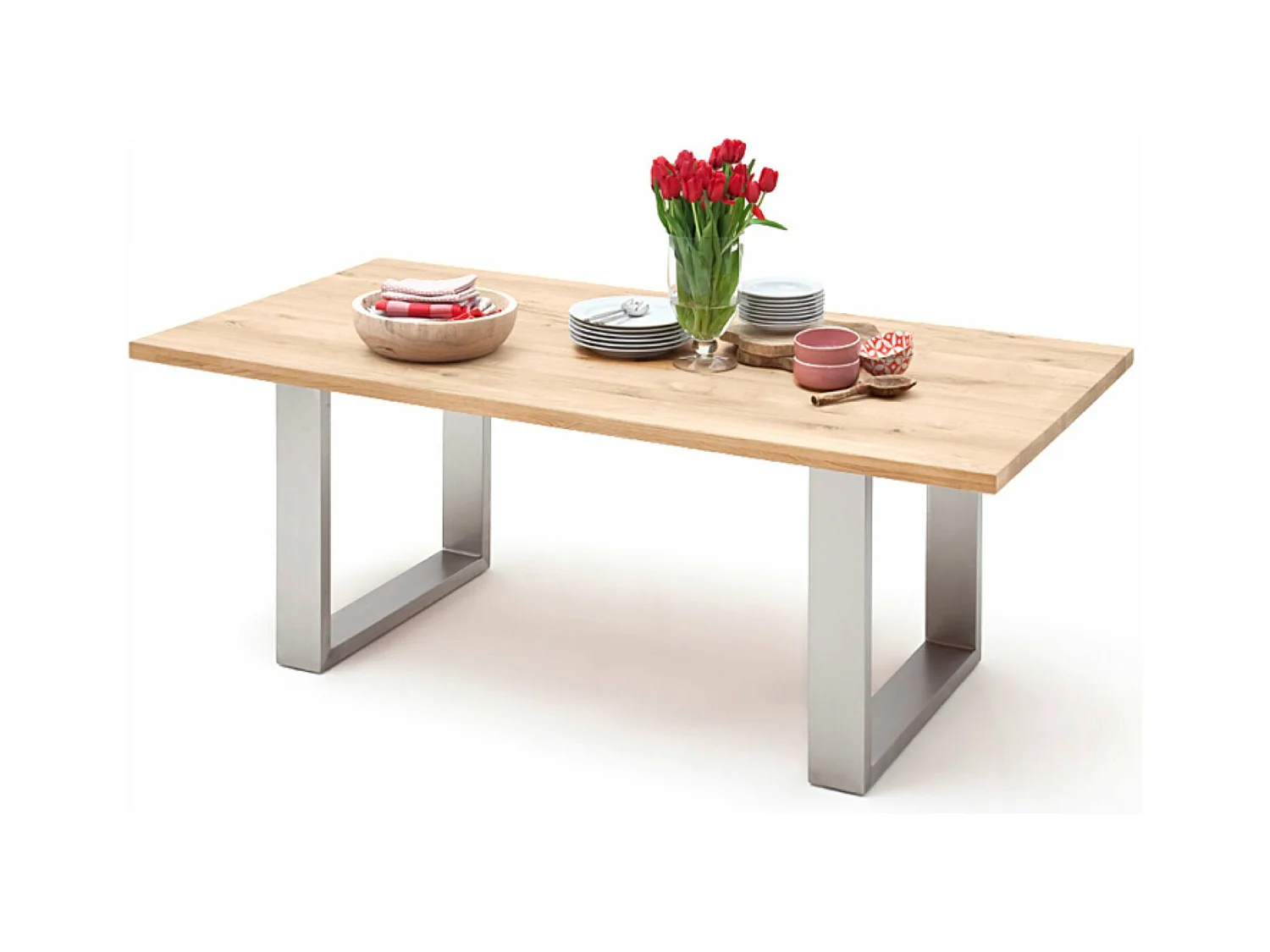 Table à manger en bois massif bord droit, 2 pieds en U - L.160 x H.77 x P.90 cm