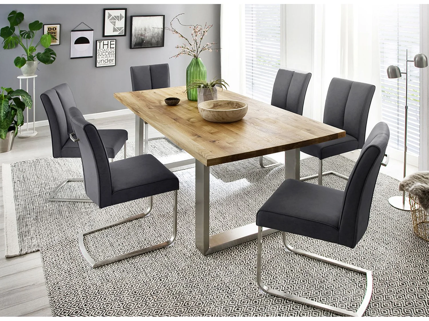 Table à manger en bois massif bord droit, 2 pieds en U - L.160 x H.77 x P.90 cm