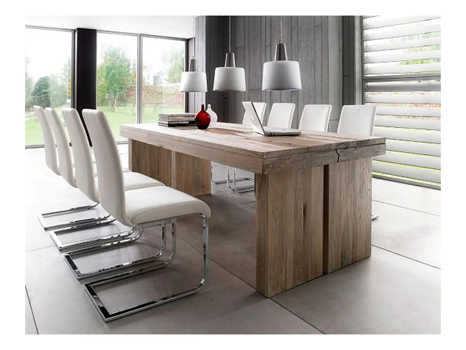 Table à manger rectangulaire en chêne chaulé laqué - L.220 x H.76 x P.100 cm