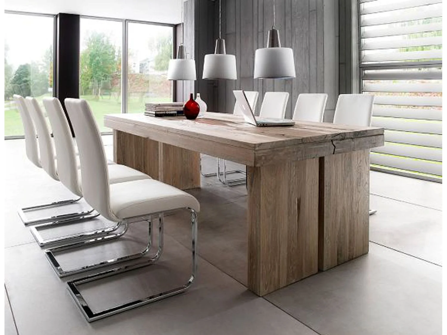 Table à manger rectangulaire en chêne chaulé laqué - L.220 x H.76 x P.100 cm