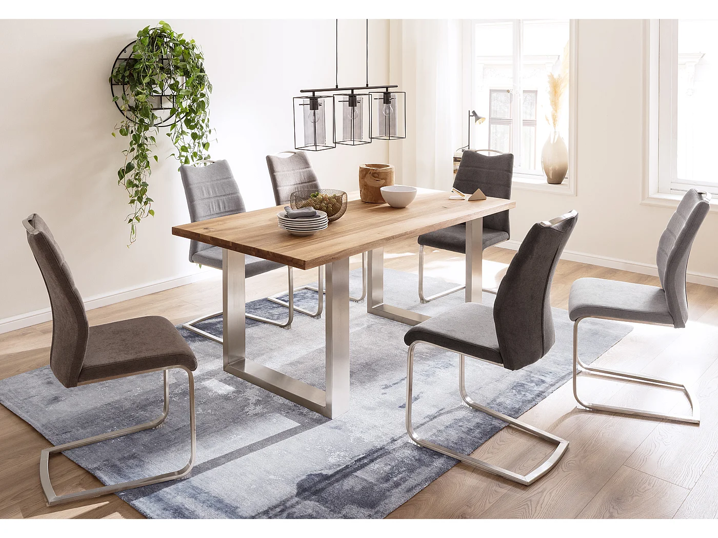 Table à manger en bois massif bord droit, 2 pieds en U - L.200 x H.77 x P.100 cm