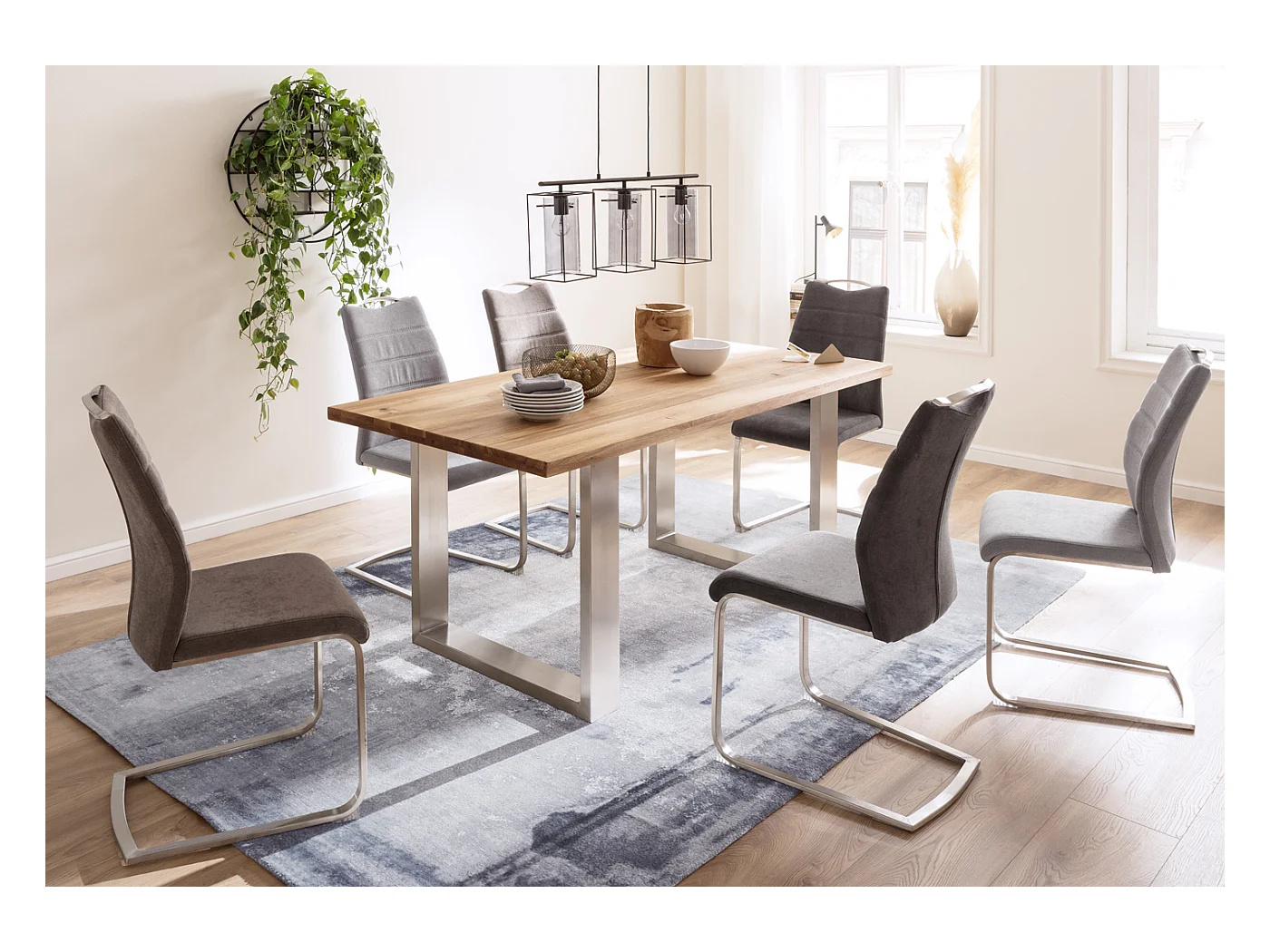 Table à manger en bois massif bord droit, 2 pieds en U - L.220 x H.77 x P.100 cm