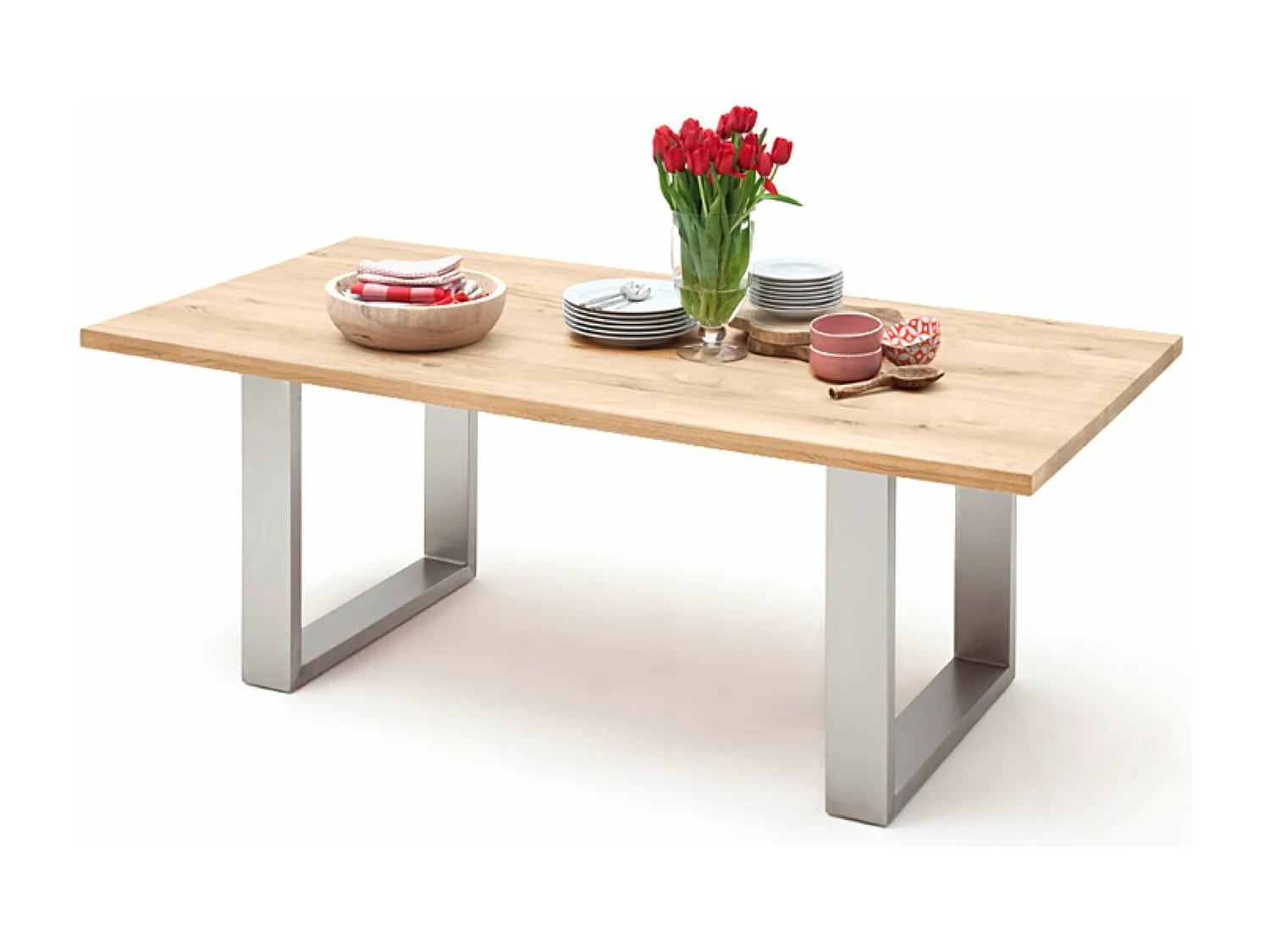 Table à manger en bois massif bord droit, 2 pieds en U - L.220 x H.77 x P.100 cm