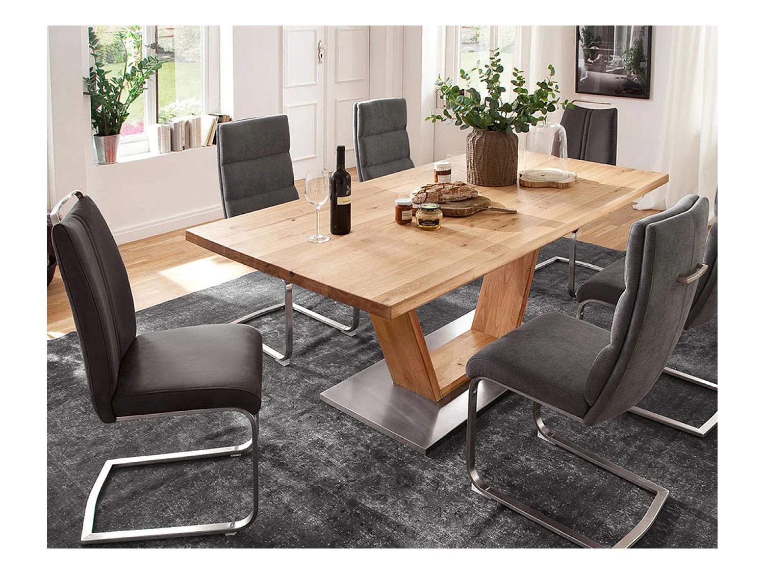 Table à manger bord droit en bois massif avec pied en V - L.180 x H.77 x P.90 cm