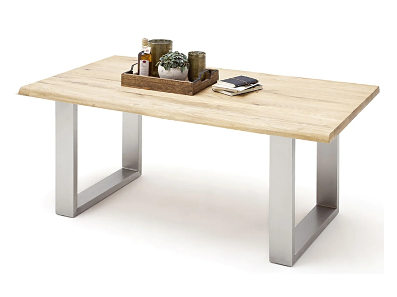 Table à manger en bois massif bord d'arbre, 2 pieds en U - L.180 x H.77 x P.90 cm