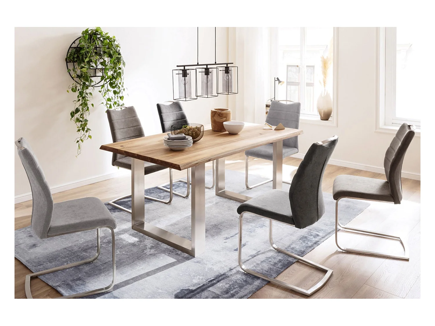 Table à manger en bois massif bord d'arbre, 2 pieds en U - L.180 x H.77 x P.90 cm