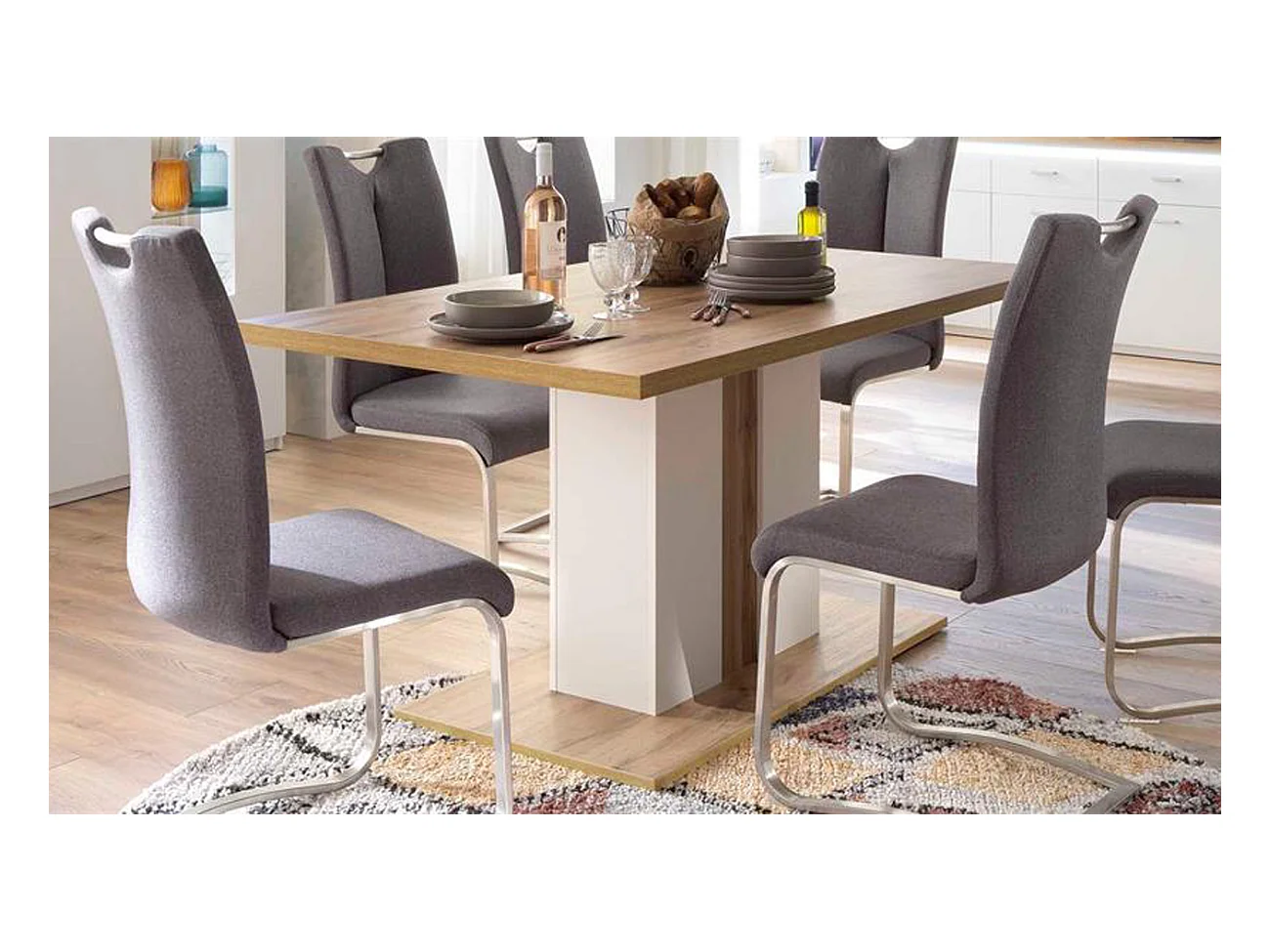 Table à manger en bois coloris blanc/chêne wotan - L.160 x H.77 x P.90 cm