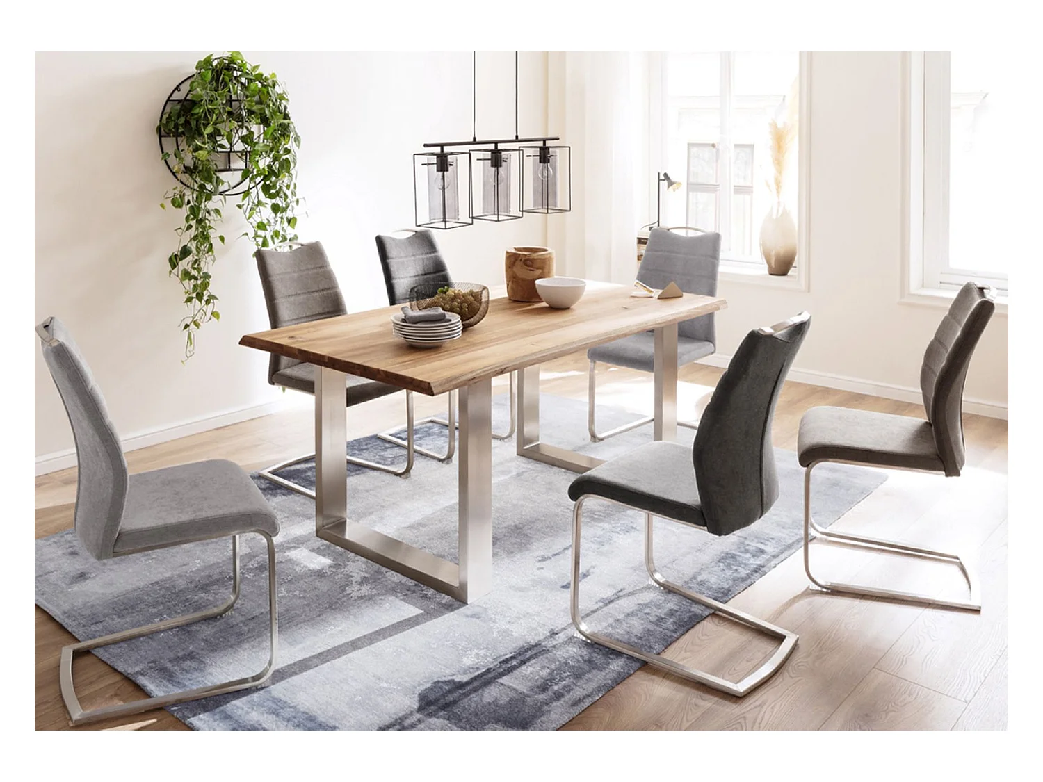 Table à manger en bois massif bord d'arbre, 2 pieds en U - L.160 x H.77 x P.90 cm