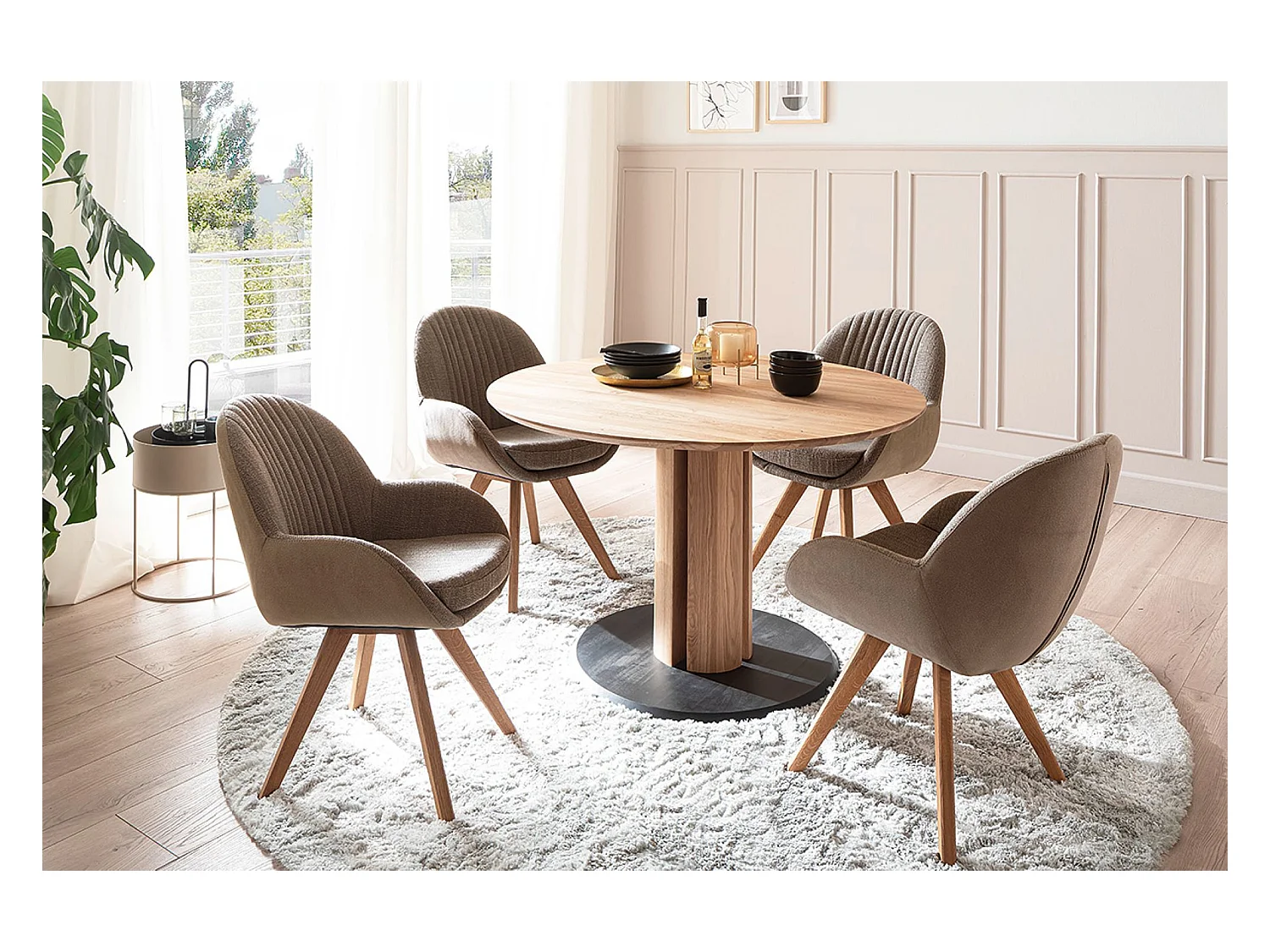 Table de salle à manger ronde en bois de chêne sauvage, noir mat - diamètre 120 x hauteur 76 cm