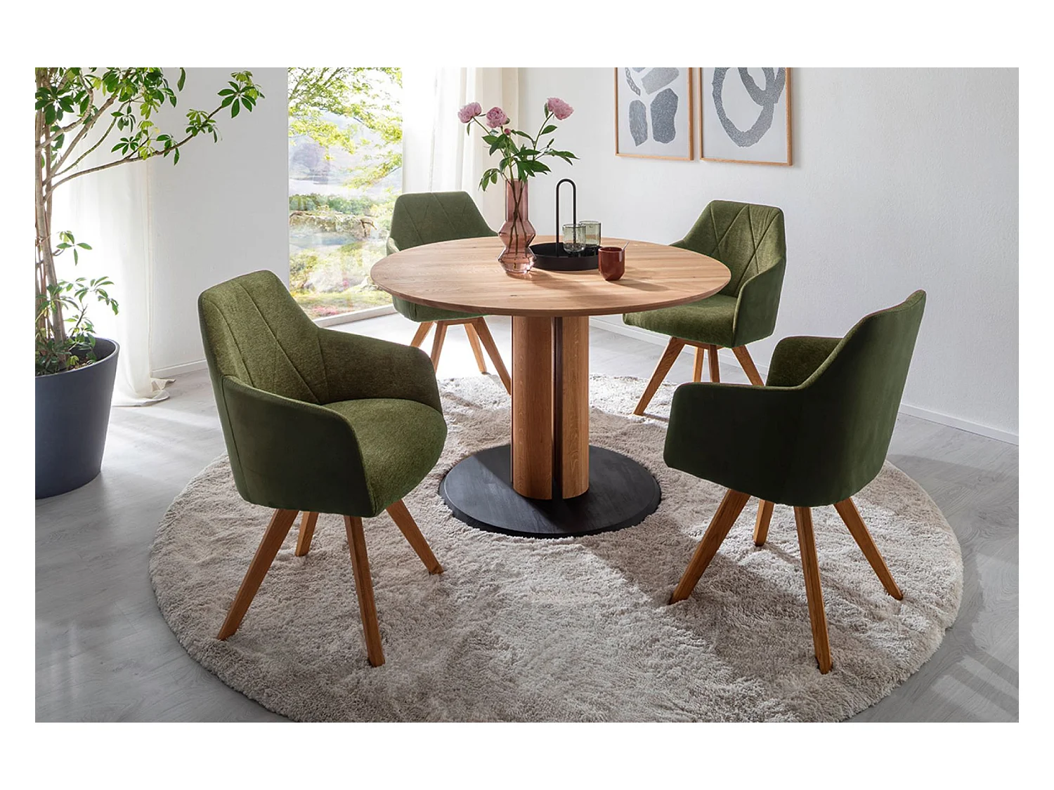 Table de salle à manger ronde en bois de chêne sauvage, noir mat - diamètre 120 x hauteur 76 cm