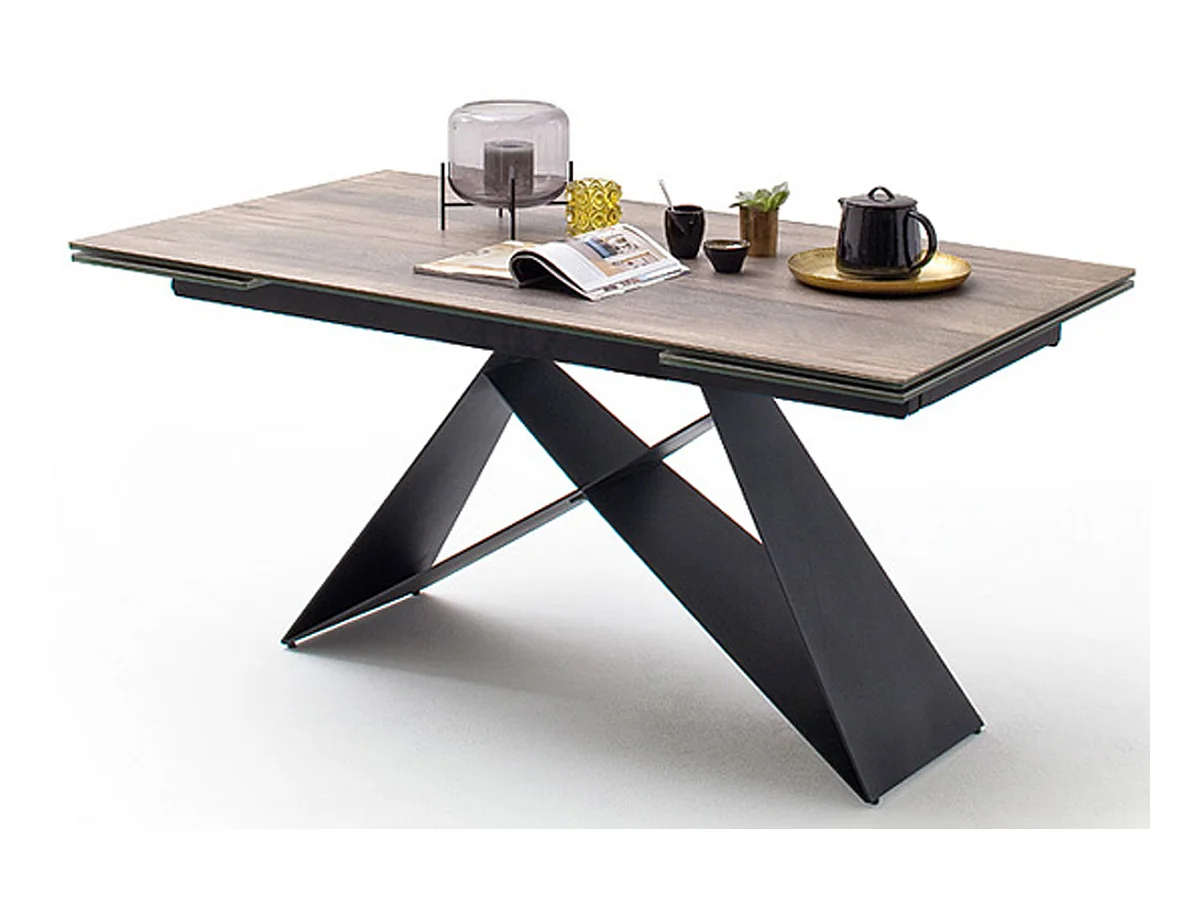 Table à manger extensible en métal noir mat et surface céramique aspect bois barrique - L.160-240 x H.75 x P.90 cm