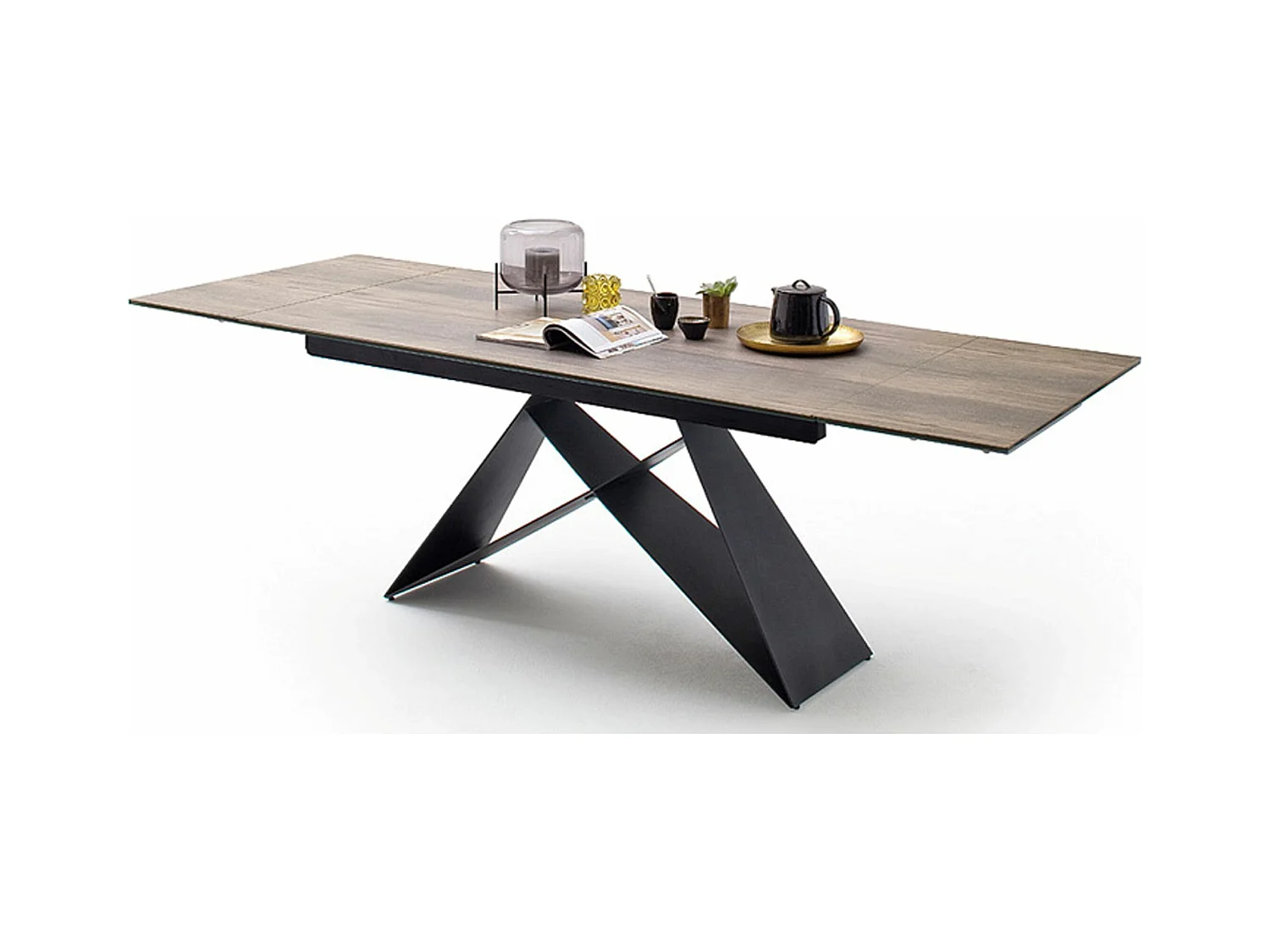 Table à manger extensible en métal noir mat et surface céramique aspect bois barrique - L.160-240 x H.75 x P.90 cm