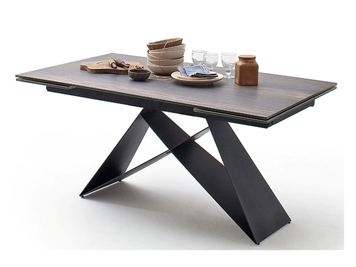 Table à manger extensible en métal noir mat et surface céramique aspect bois barrique - L.160-240 x H.75 x P.90 cm