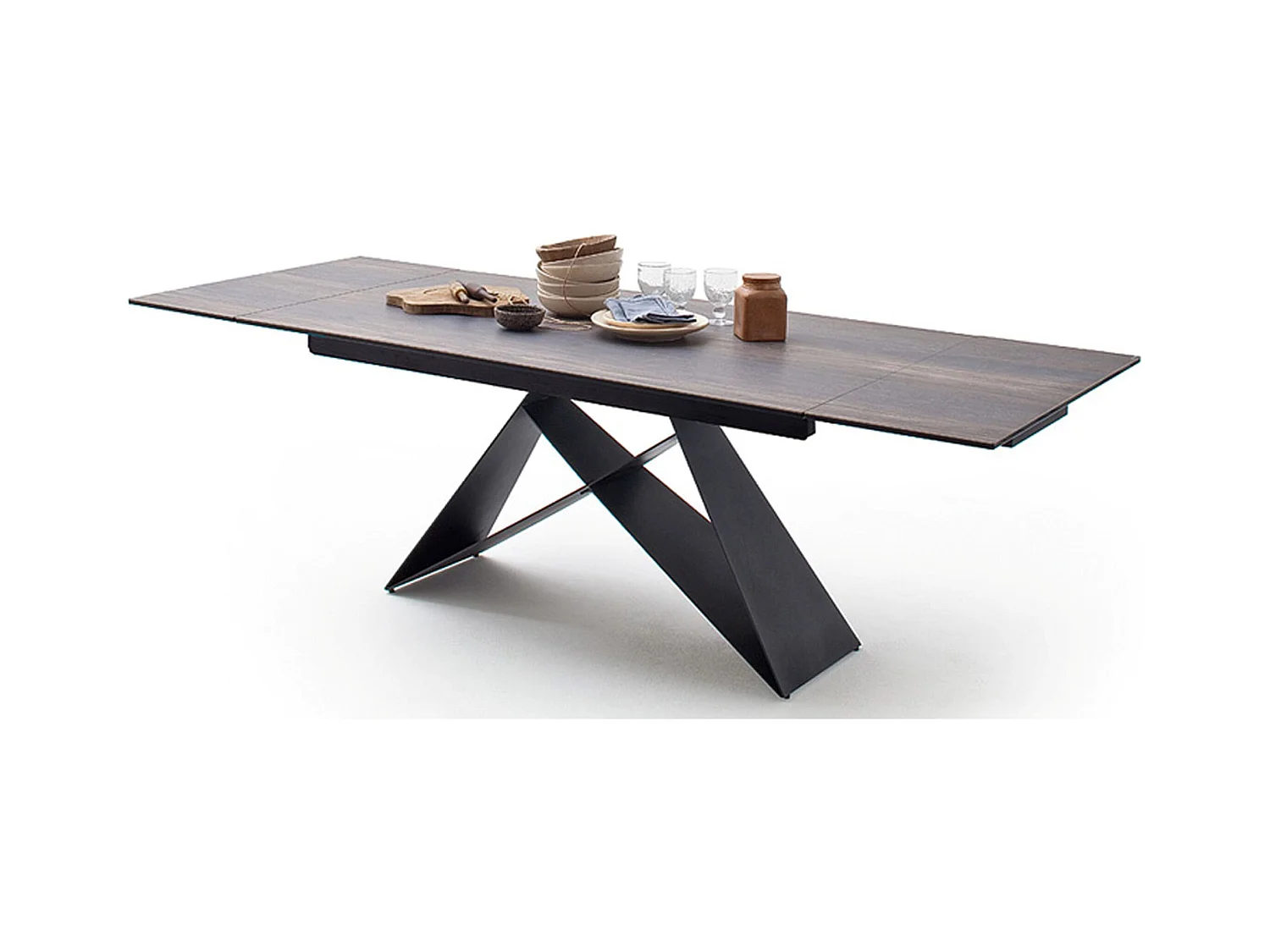 Table à manger extensible en métal noir mat et surface céramique aspect bois barrique - L.160-240 x H.75 x P.90 cm