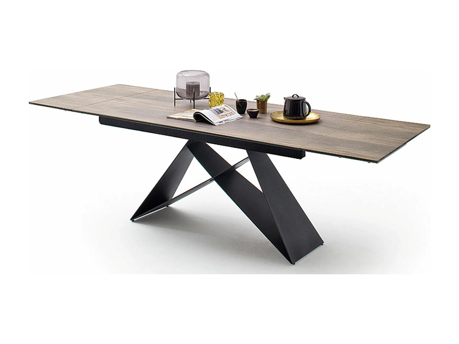 Table à manger extensible en métal noir mat et surface céramique aspect bois barrique - L.160-240 x H.75 x P.90 cm