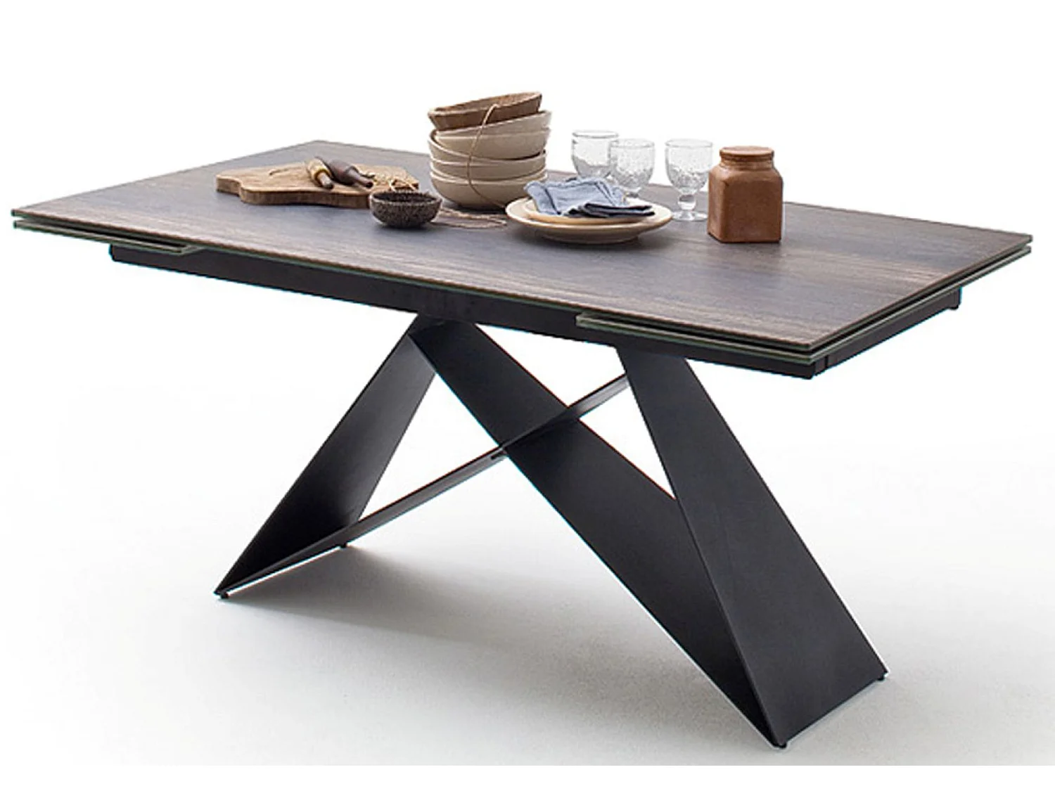 Table à manger extensible en métal noir mat et surface céramique aspect bois barrique - L.160-240 x H.75 x P.90 cm