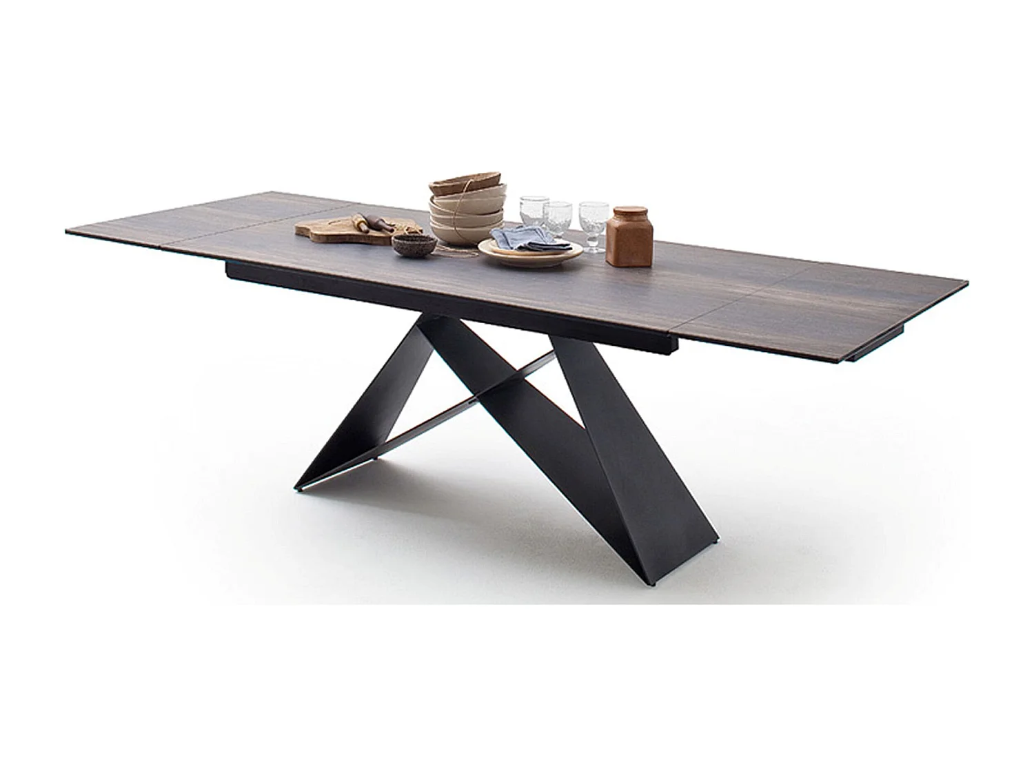 Table à manger extensible en métal noir mat et surface céramique aspect bois barrique - L.160-240 x H.75 x P.90 cm