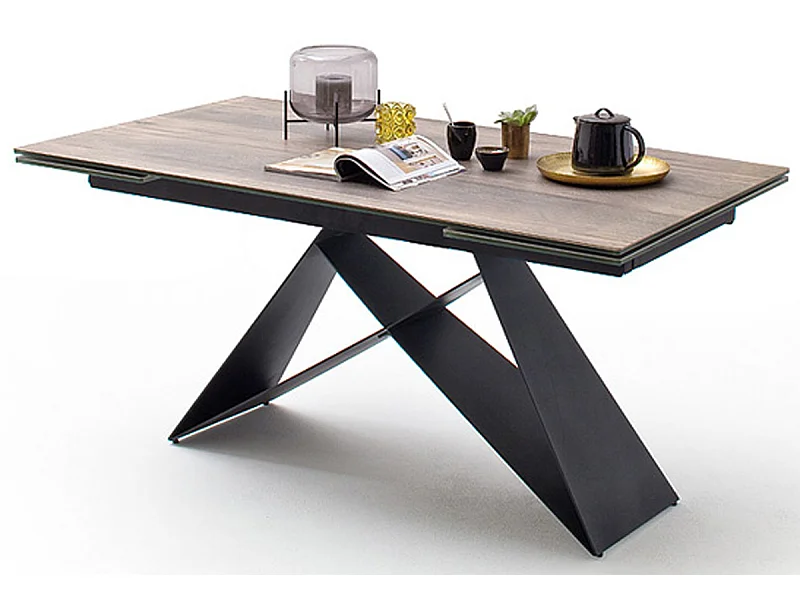 Table à manger extensible en métal noir mat et surface céramique aspect bois barrique - L.160-240 x H.75 x P.90 cm