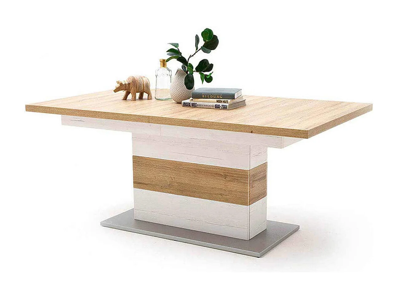 Table à manger extensible en pin coloris blanc / chêne - L.180-280 x H.77 x P.100 cm
