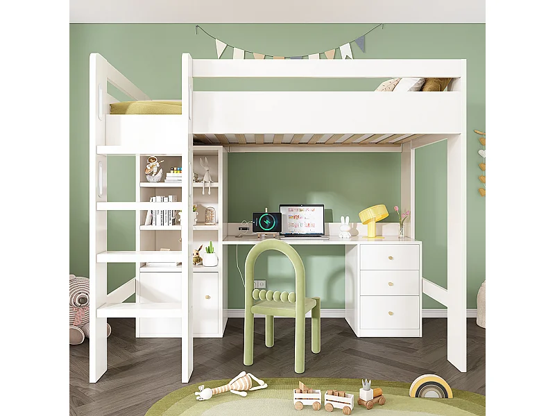 Lit d'enfant en mezzanine avec bureau USB-C, armoire et classeur avec escalier et sommier à lattes, 90 x 200, sans matelas.