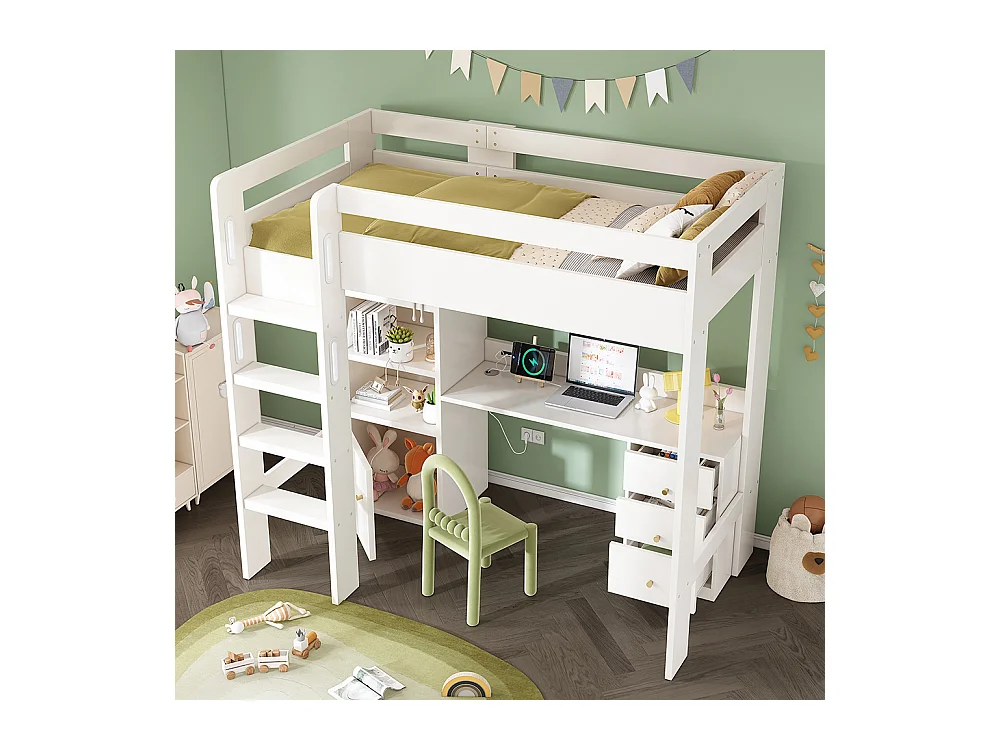 Lit d'enfant en mezzanine avec bureau USB-C, armoire et classeur avec escalier et sommier à lattes, 90 x 200, sans matelas.