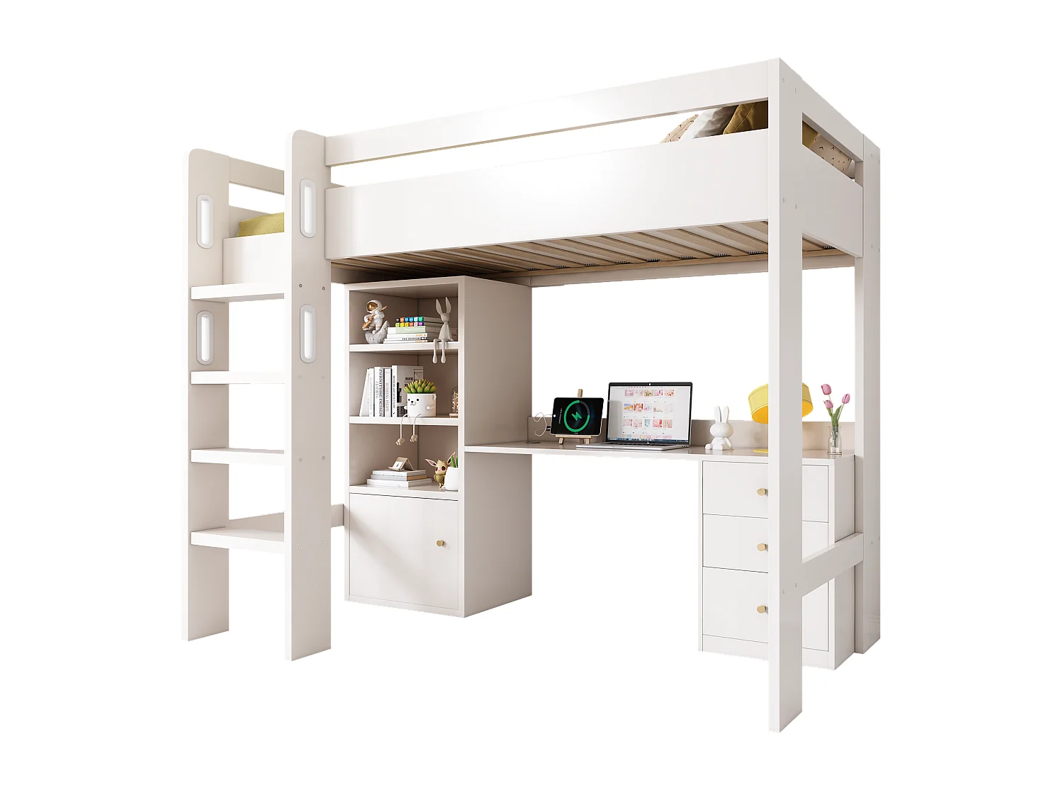 Lit d'enfant en mezzanine avec bureau USB-C, armoire et classeur avec escalier et sommier à lattes, 90 x 200, sans matelas.