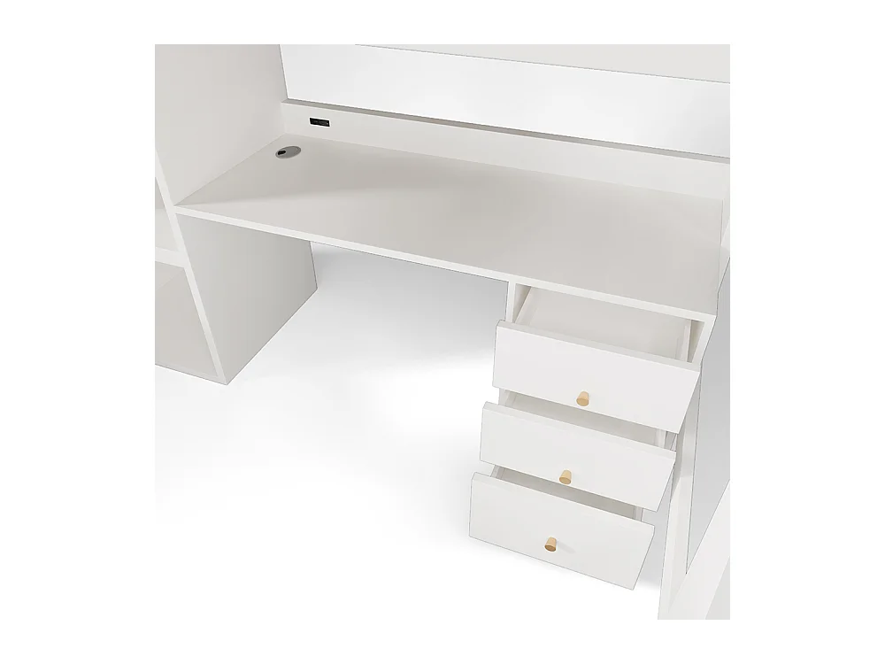 Lit d'enfant en mezzanine avec bureau USB-C, armoire et classeur avec escalier et sommier à lattes, 90 x 200, sans matelas.