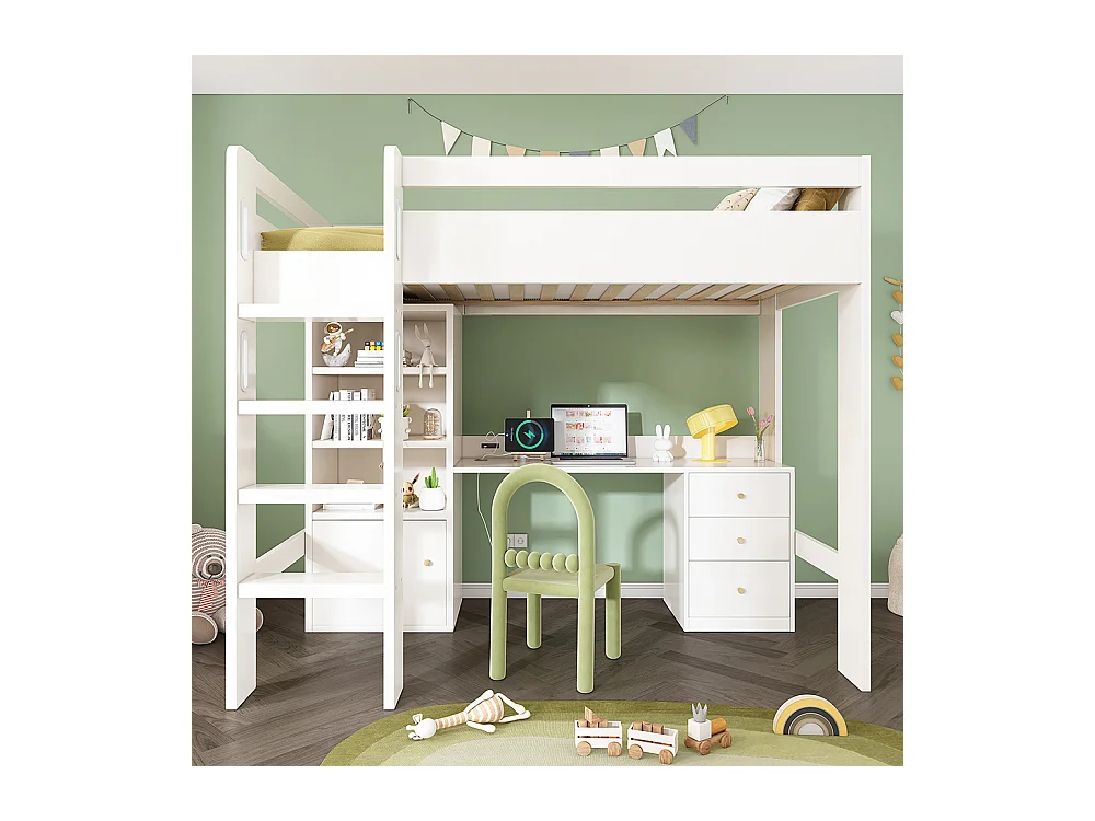 Lit d'enfant en mezzanine avec bureau USB-C, armoire et classeur avec escalier et sommier à lattes, 90 x 200, sans matelas.