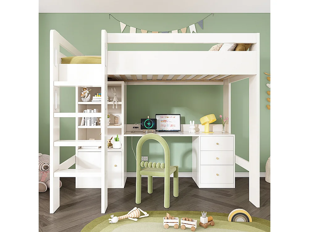 Letto per bambini a soppalco con scrivania USB-C, armadio e schedario con scale e rete a doghe, 90x200, materasso non incluso.