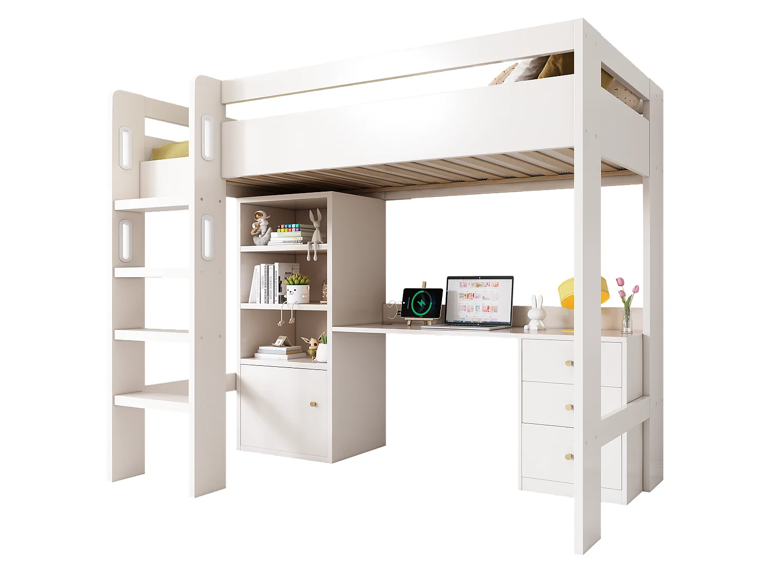 Letto per bambini a soppalco con scrivania USB-C, armadio e schedario con scale e rete a doghe, 90x200, materasso non incluso.