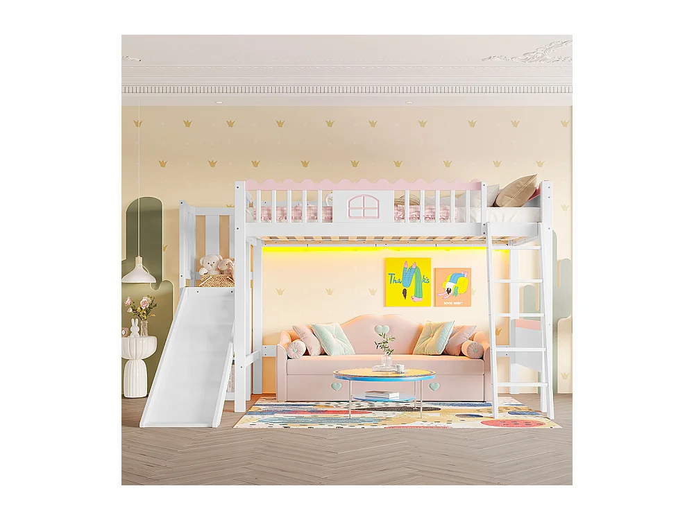 Lit d'enfant, lit en mezzanine 90x200 cm, avec éclairage LED, avec étagère, avec toboggan, certifié EN747, pin, blanc