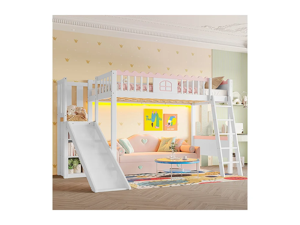 Lit d'enfant, lit en mezzanine 90x200 cm, avec éclairage LED, avec étagère, avec toboggan, certifié EN747, pin, blanc