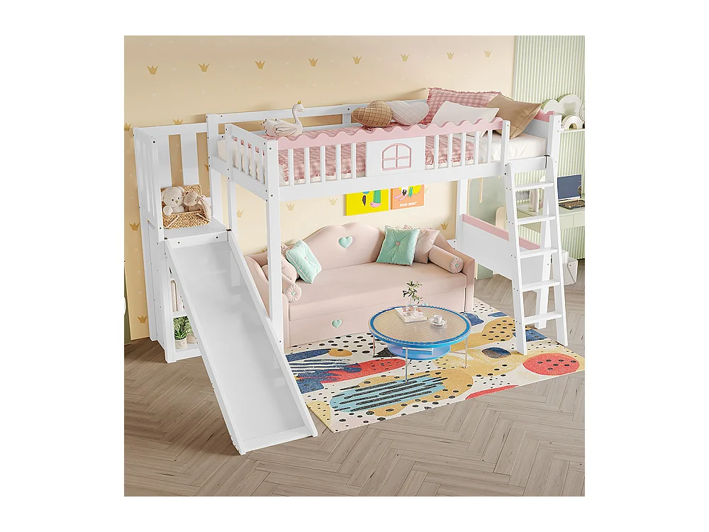 Lit d'enfant, lit en mezzanine 90x200 cm, avec éclairage LED, avec étagère, avec toboggan, certifié EN747, pin, blanc