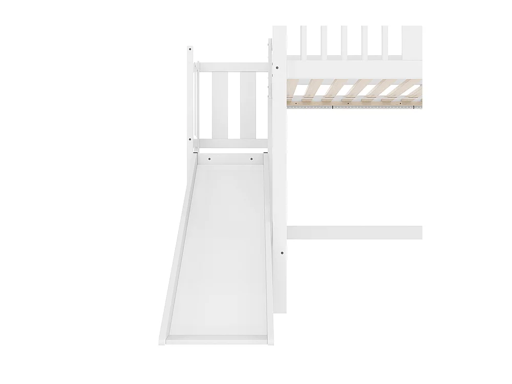 Lit d'enfant, lit en mezzanine 90x200 cm, avec éclairage LED, avec étagère, avec toboggan, certifié EN747, pin, blanc