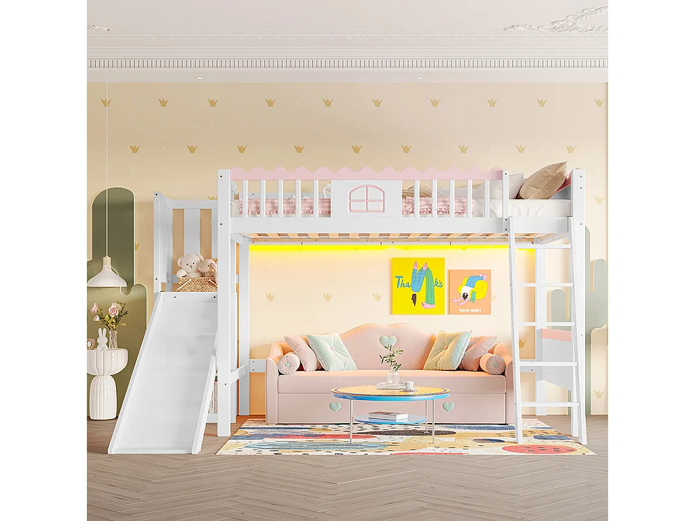 Kinderbett, Mezzaninbett 90x200 cm, mit LED-Beleuchtung, mit Regal, mit Rutsche, EN747-geprüft, Kiefer, weiß.